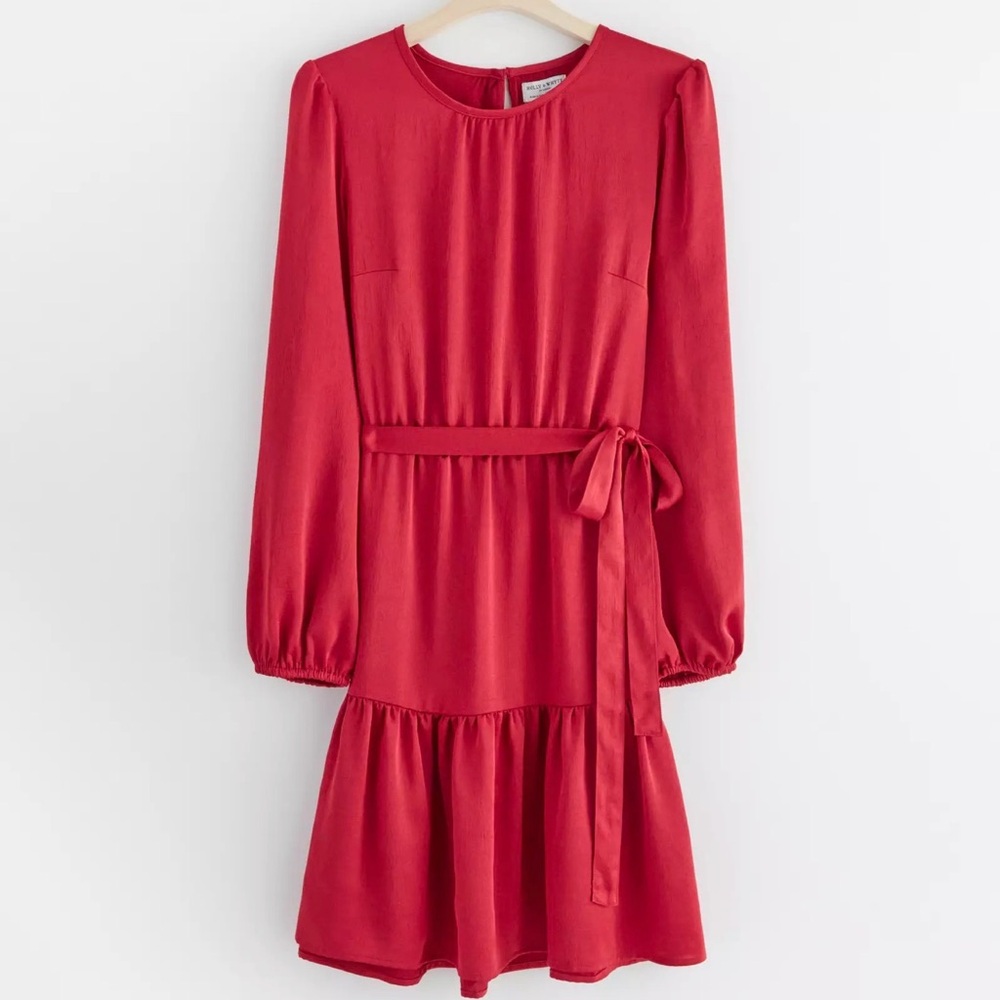 Red Long-Sleeve Tie-Waist Tiered Dress